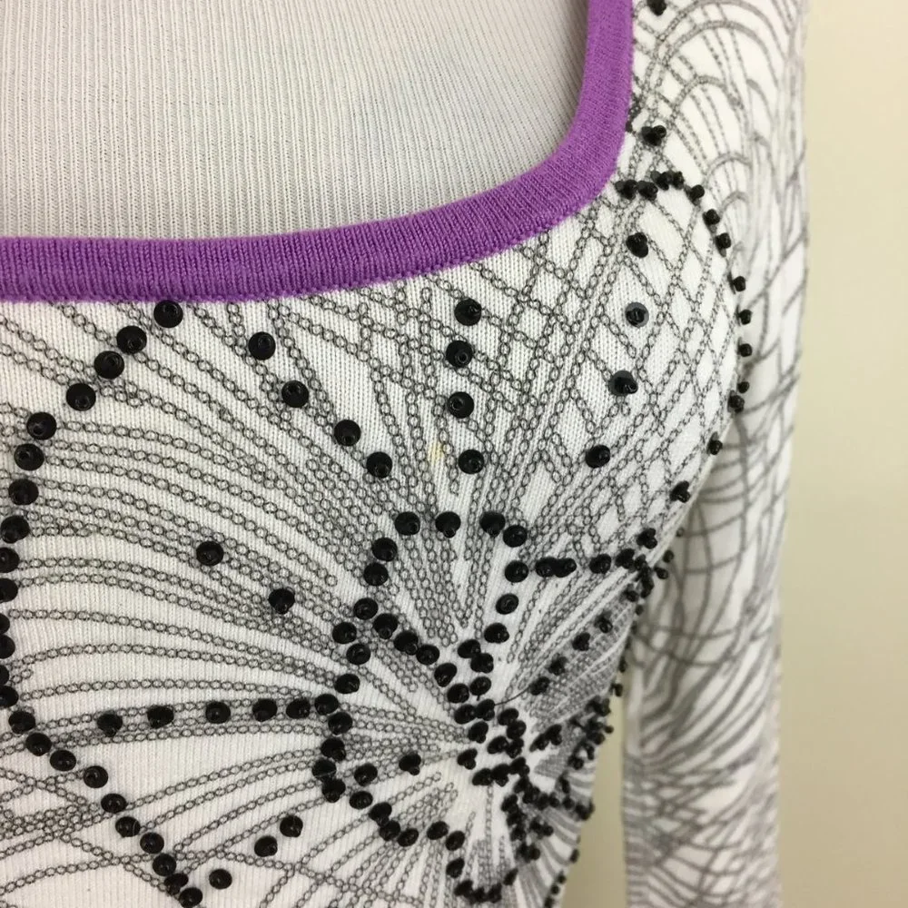 BCBGMAXAZRIA White Black Beads Floral Print Purple Trim Silk Blend Sweater - Picture 14 of 15